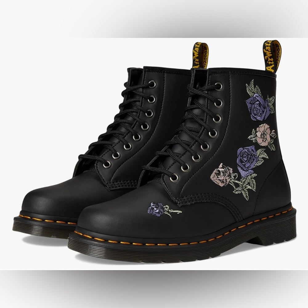 Dr. Martens Black Boots with Purple and Pink Floral Embroidery